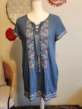 ODDY Blue Embroidered Lace-Up Dress